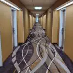 A parkfield hallway in a Hotel with a carpeted floor.